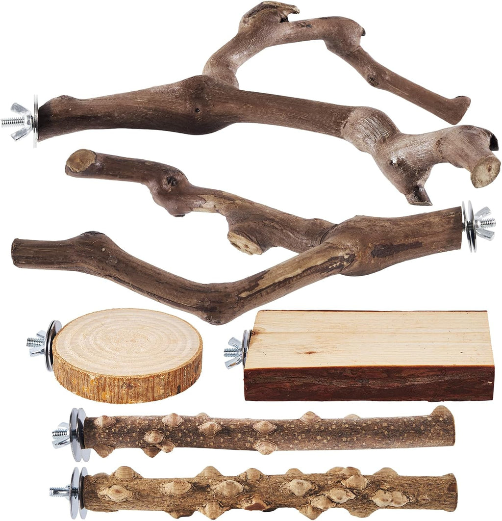 6-Piece Bird Perch Set - Natural Wood Grape Sticks, Paw Grinding Forks, Bird Stand & Toys for Parakeets, Cockatiels