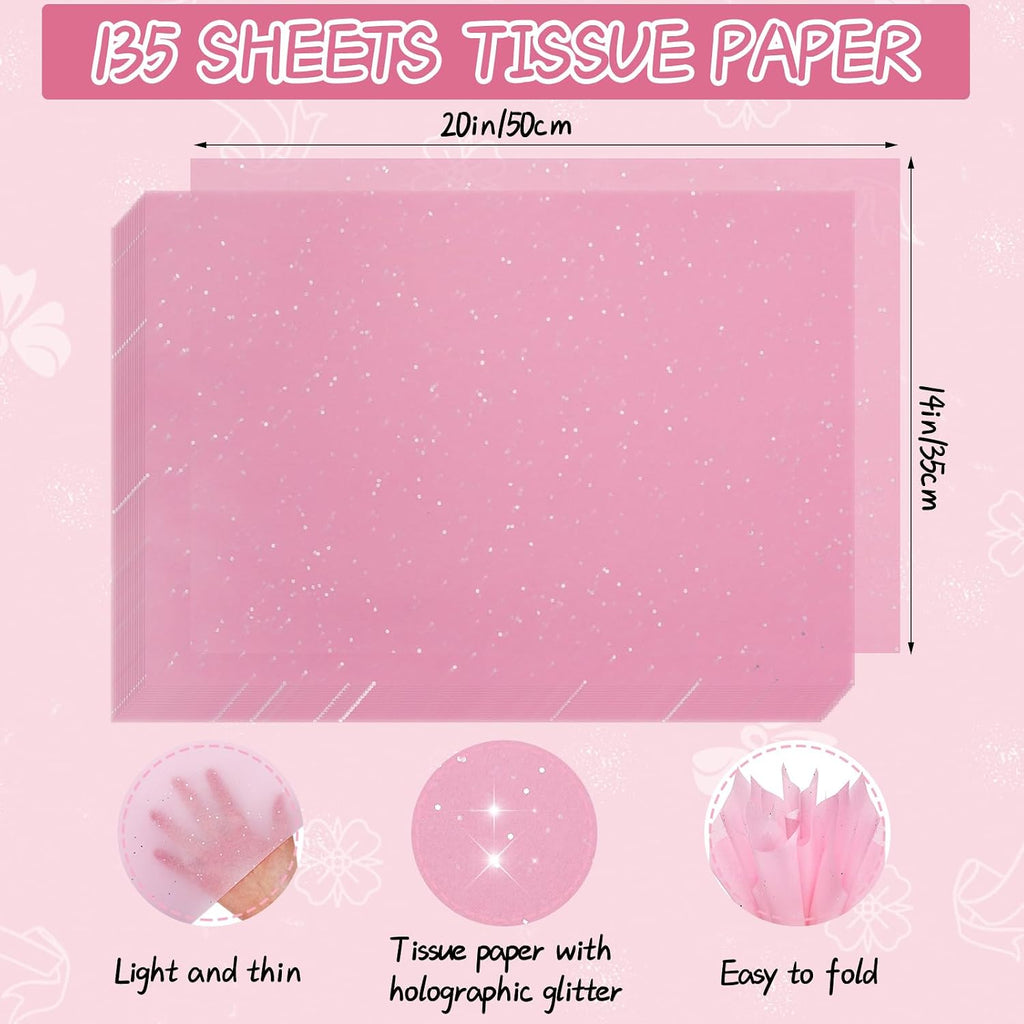 135 Sheets Glitter Pink Tissue Paper 20 x 14 Inch