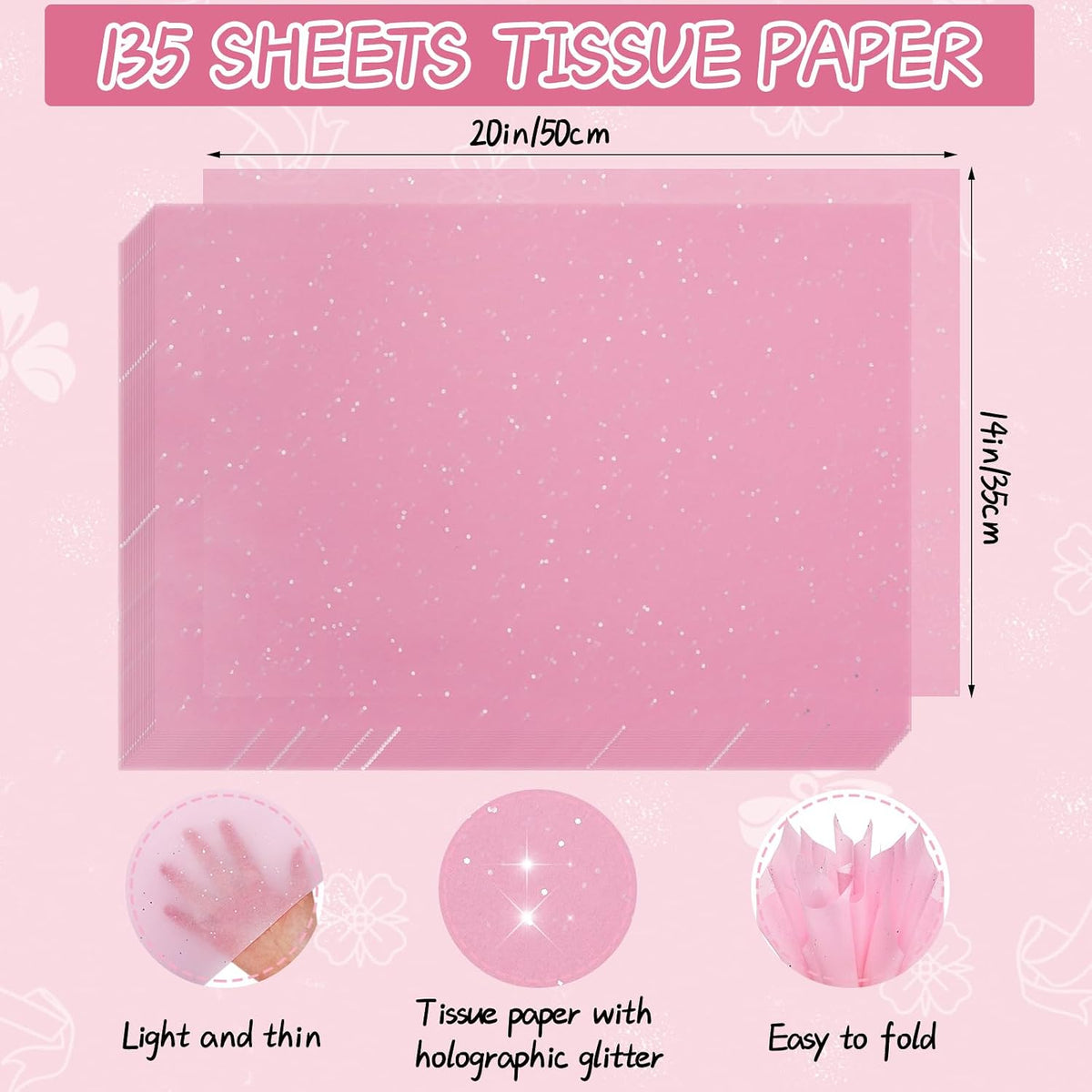 135 Sheets Glitter Pink Tissue Paper 20 x 14 Inch