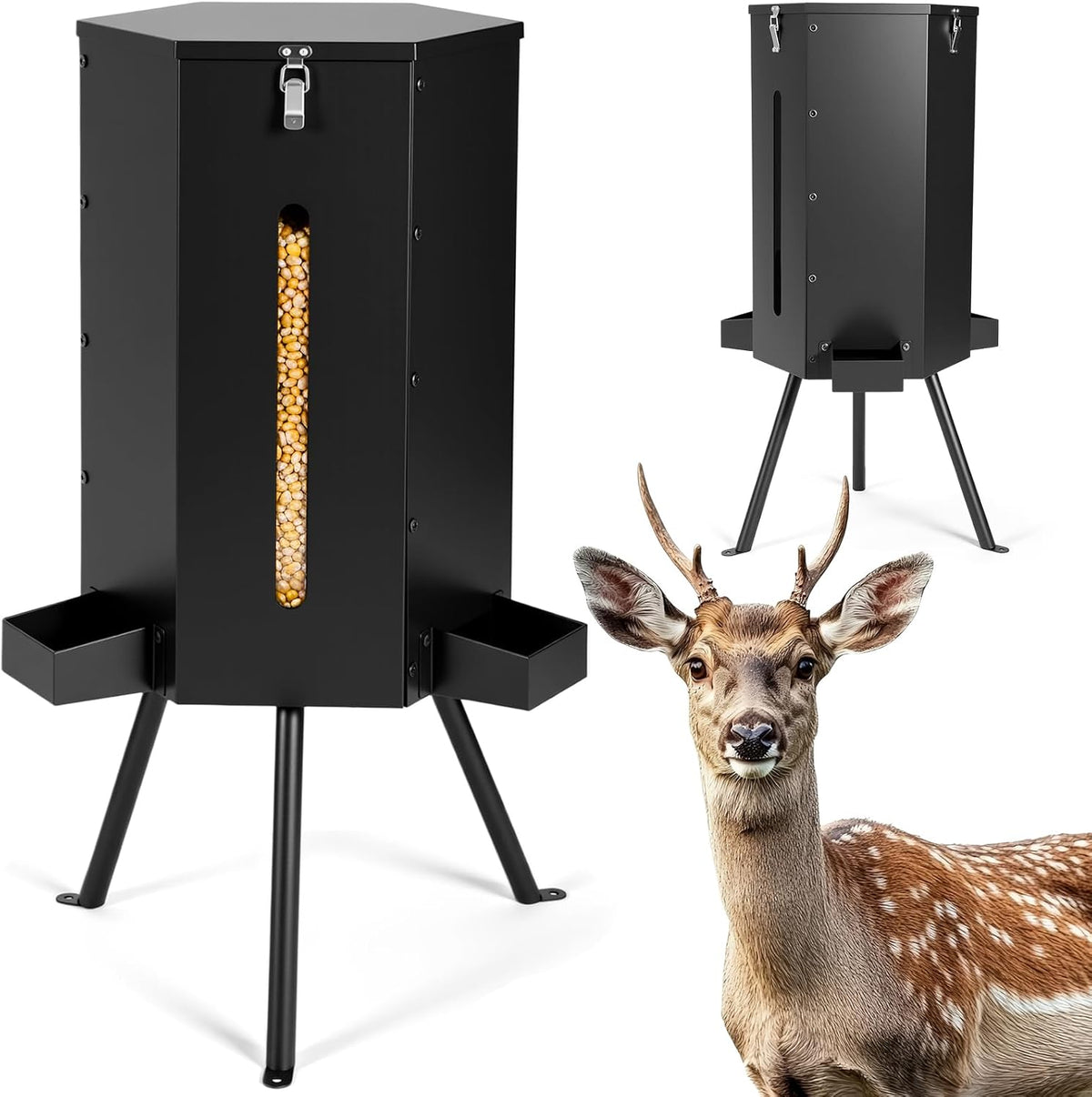 3 Patio 50-75 Lbs Large Deer Feeder with Visible Window Heavy Duty Metal Free Standing Deer Feeding Barrel Hunting