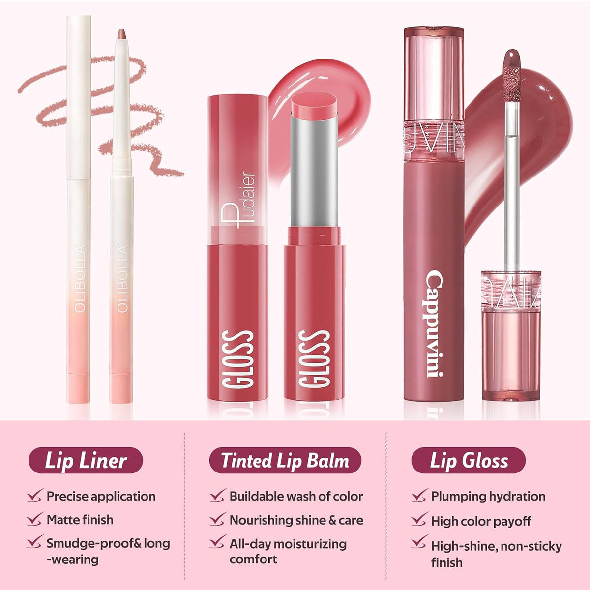 3 Pack Lip Combo Set, Lip Liner, Lipstick & Gloss, Sweet Fig Set
