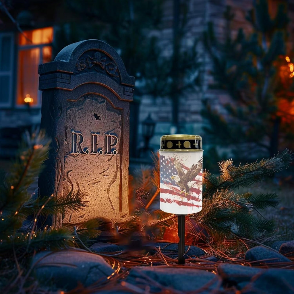 American Flag Solar Lights Outdoor for Cemetery US Flag Cemetery Solar Lights with Eagle Grave Decorations Waterproof