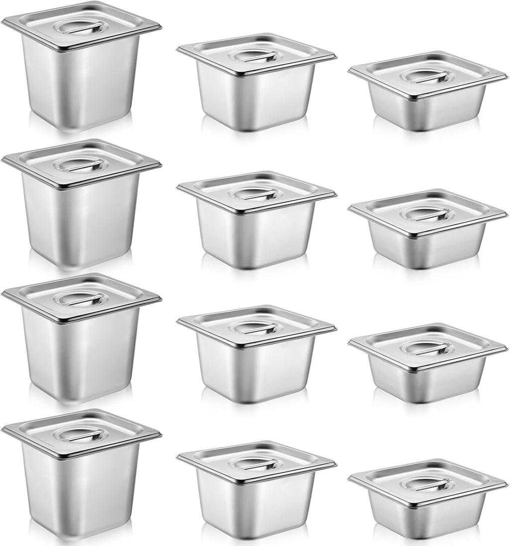 12 Pack 1/6 Size Stainless Hotel Pans with Lids