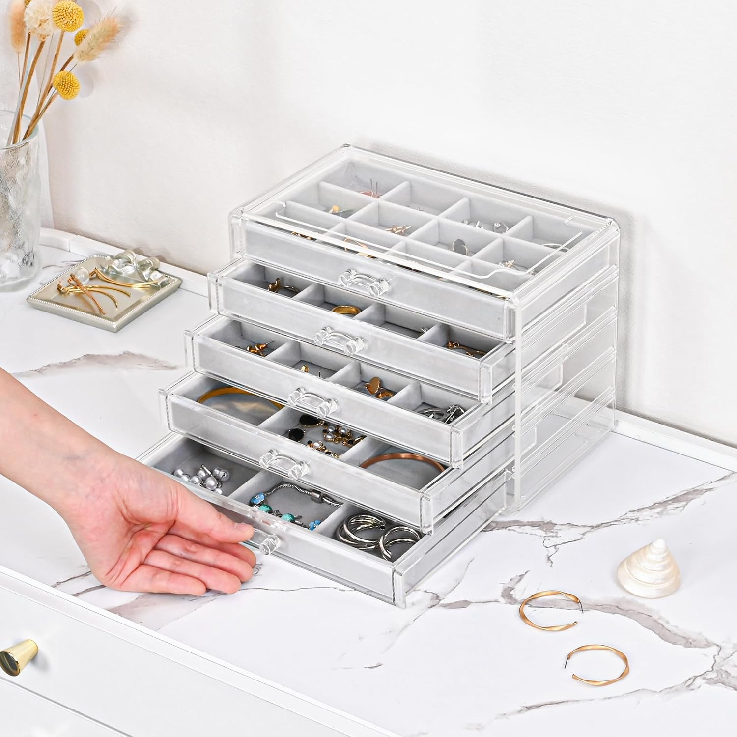 Earring Holder Organizer Jewelry Box with 5 Drawers, Acrylic Clear Earring Case with Adjustable Velvet Trays for