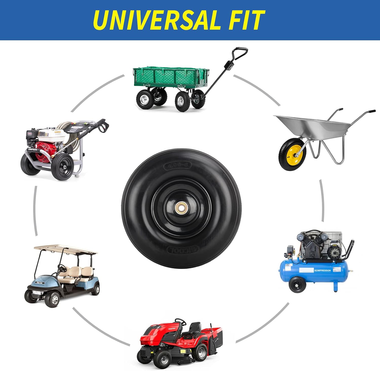 4.00-6 Wheelbarrow Tire, 13" Flat-free Solid Tire and Wheel, with 5/8" or 3/4" Bearings, 1.75" Centered Hub for