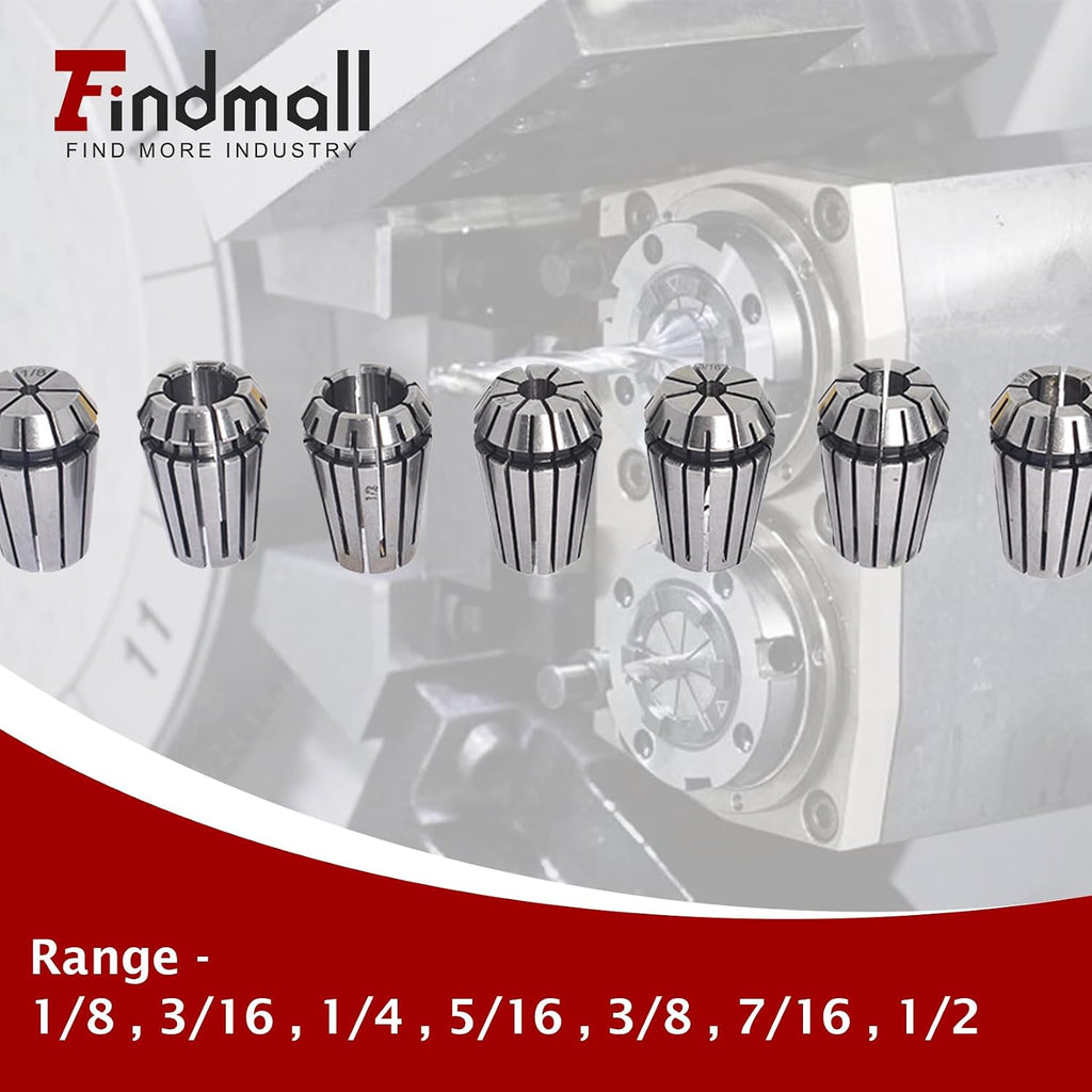 findmall 7Pcs ER20 Spring Collet Set 1/8-1/2 CNC Milling Lathe Tool