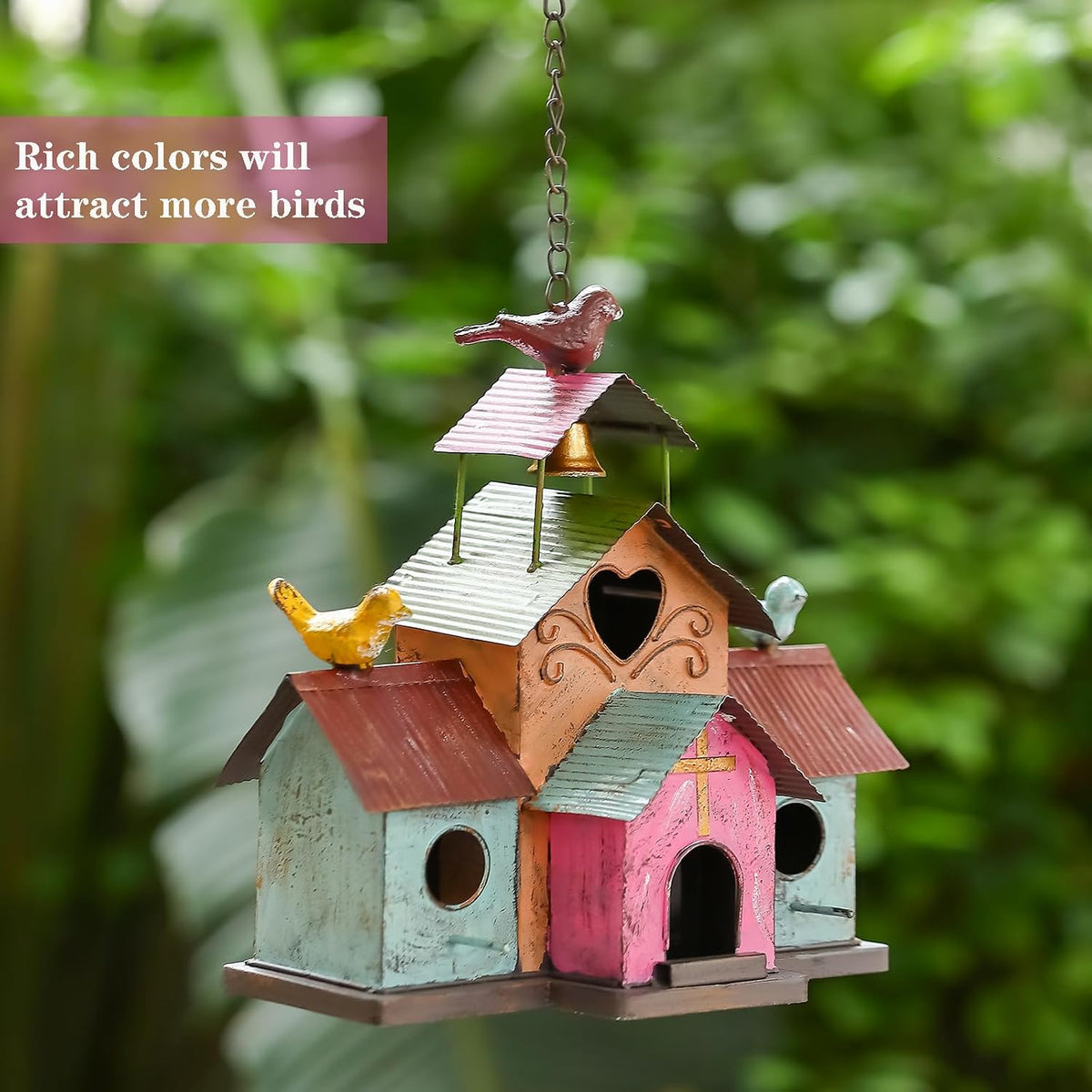 Large Bird Houses for Outside Hanging, 4 Hole Outdoor Bird House with Bell, Easy Clear, Colorful Metal Bird Houses