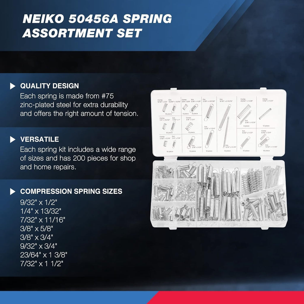 50456A Spring Assortment Set, 200 Piece, Extension and Compression Springs Kit, Zinc Plated Steel Mechanical