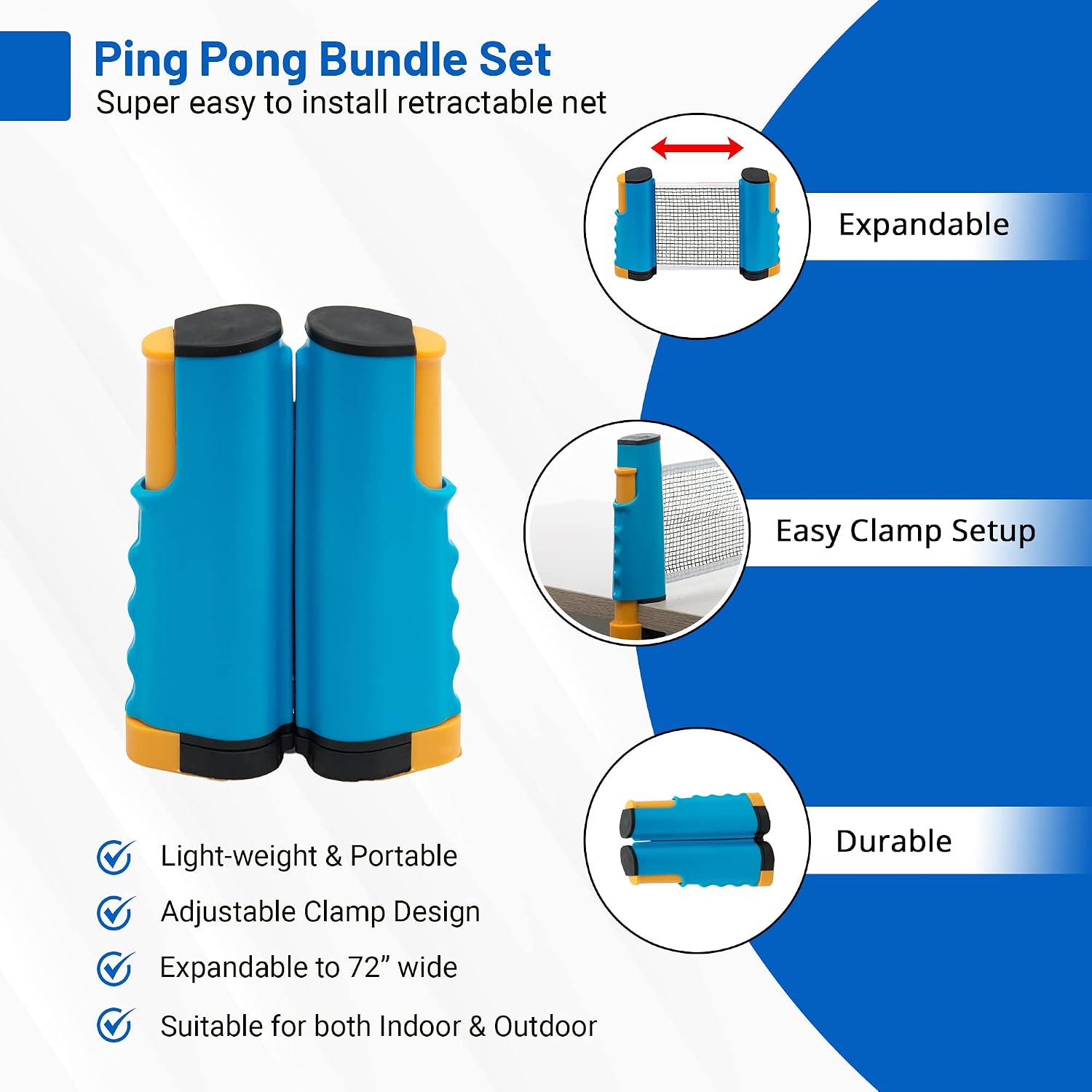 Plastic Portable Ping Pong Paddles Set of 4 Table Tennis Paddles with Retractable Ping Pong Net - 2 Ping Pong Balls