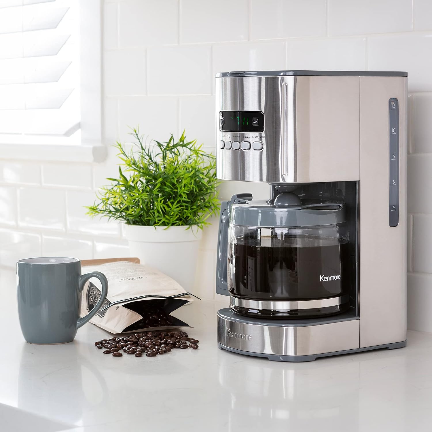 Kenmore Drip Coffee Maker - 12 Cup Programmable Cafe Machine With Glass Pot, Regular & Bold Brew, Auto Shut Off Large