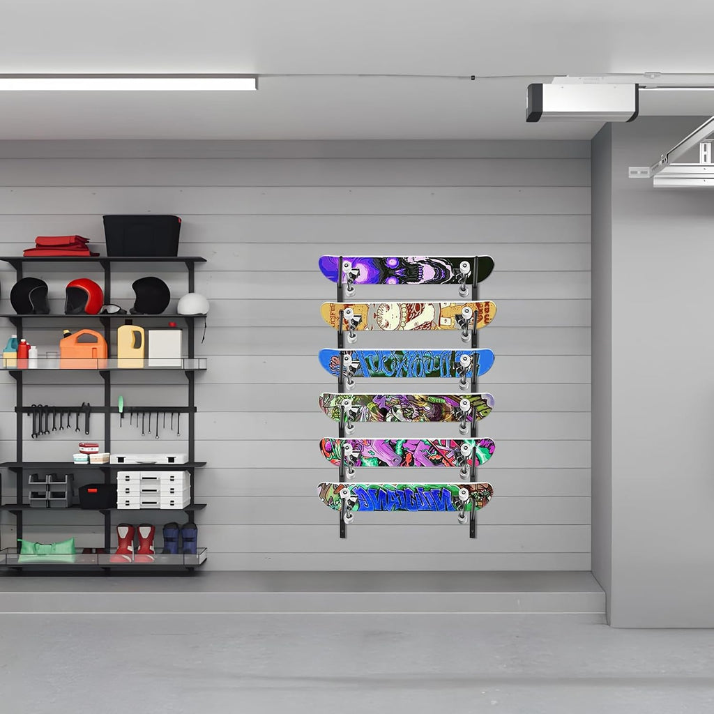 Skateboard Rack-6-Tier Skateboard Wall Mount & Snowboard Rack –Snowboard Wall Mount – Space-Saving Multi-Functional