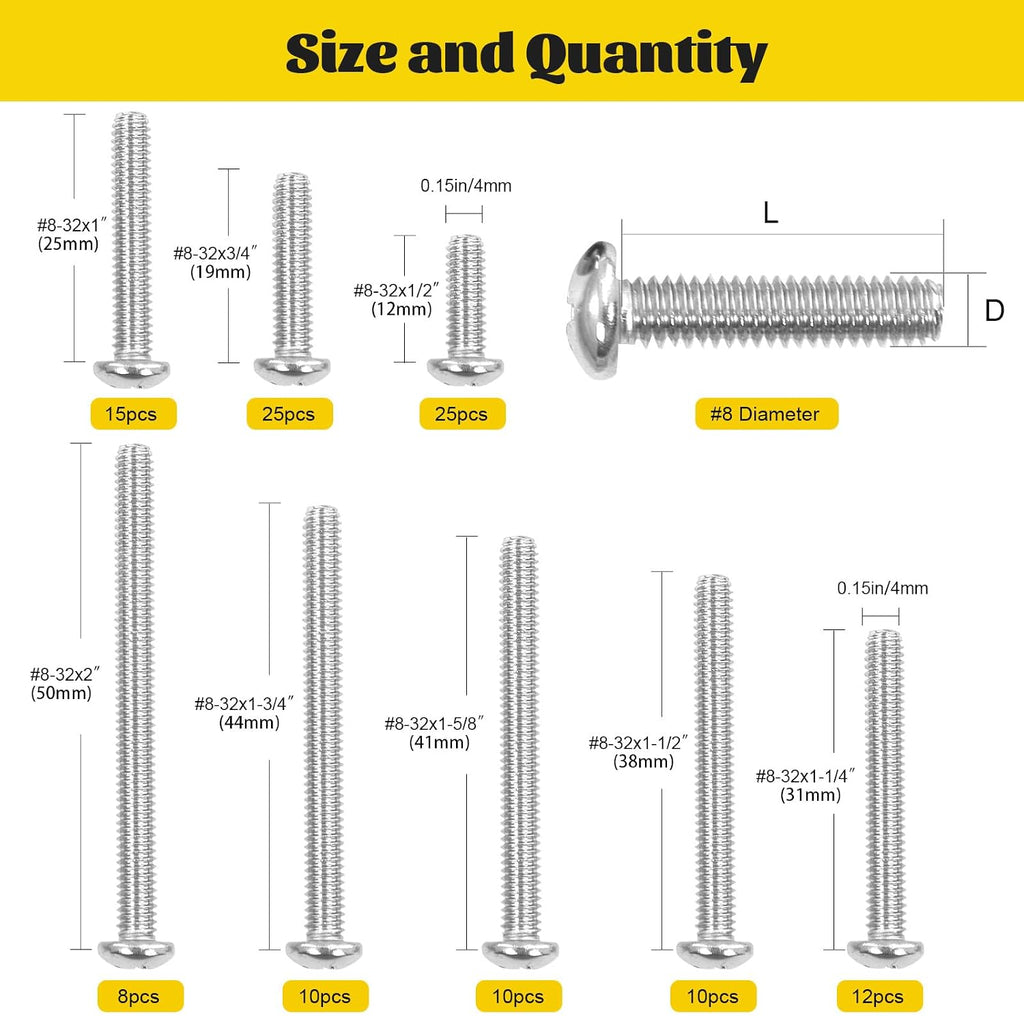 115PCS #8-32 Phillips Pan Head Machine Screws Bolts Assortment Kit