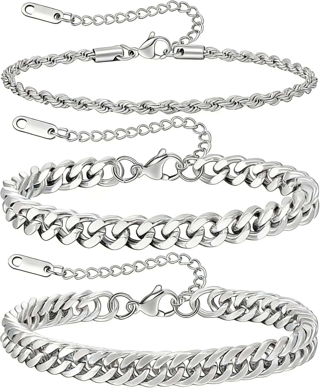3Pcs Stainless Steel Mens Bracelet | Adjustable Sturdy Silver Cuban Chain Bracelet Set for Men