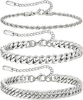 3Pcs Stainless Steel Mens Bracelet | Adjustable Sturdy Silver Cuban Chain Bracelet Set for Men