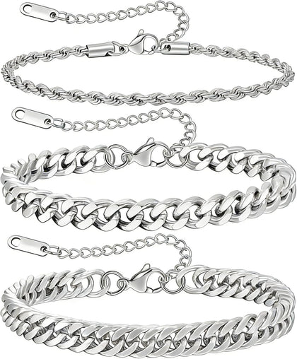 3Pcs Stainless Steel Mens Bracelet | Adjustable Sturdy Silver Cuban Chain Bracelet Set for Men