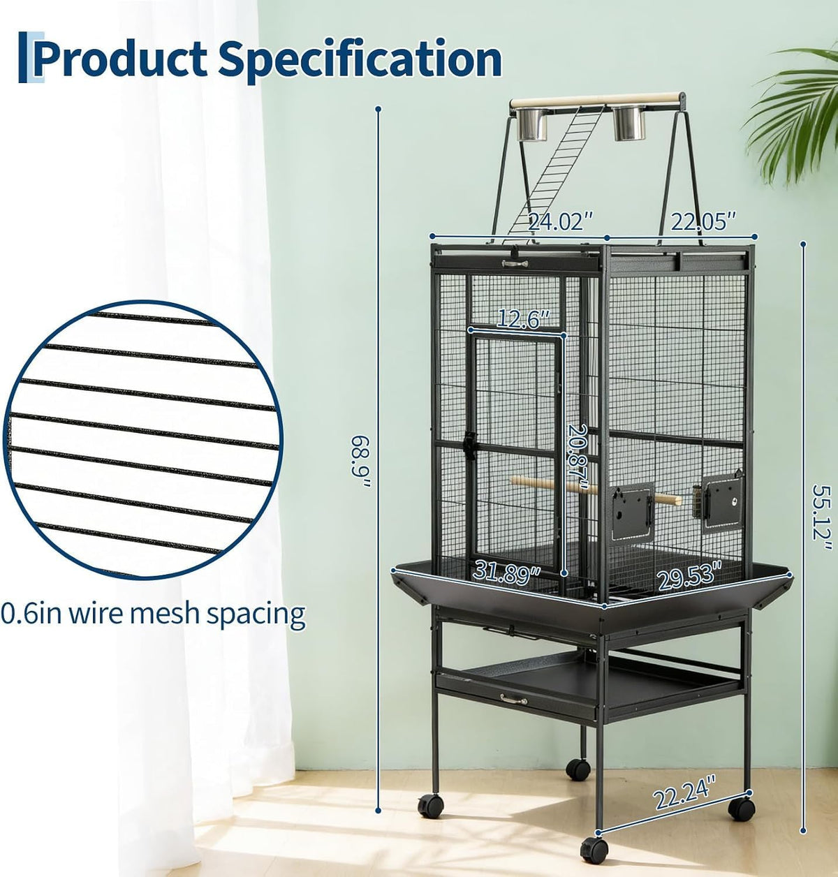 69Inch Bird Cage with Play Top, Extra Large Bird Cage