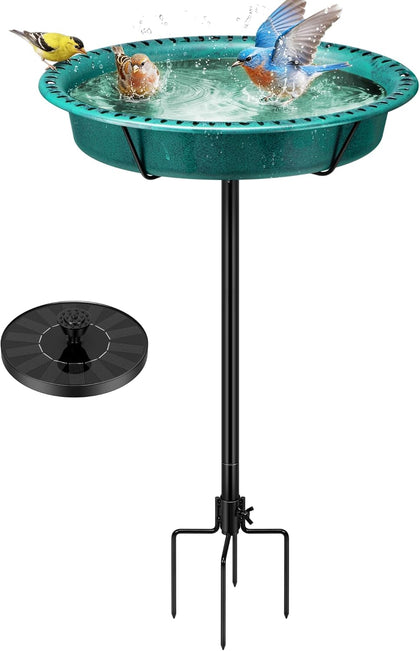 Oval Bird Bath with Solar Fountain and Metal Ground Stake, Green