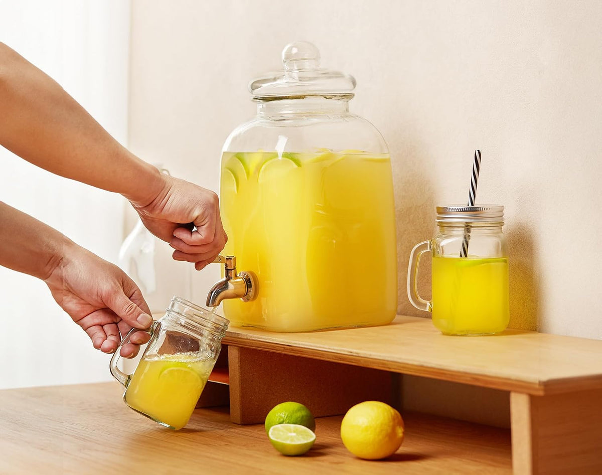 Glass Drink Dispenser, with Leak-Proof Stainless Steel Spigot and Customizable Label Tag, Clear Mason Jar, Beverage