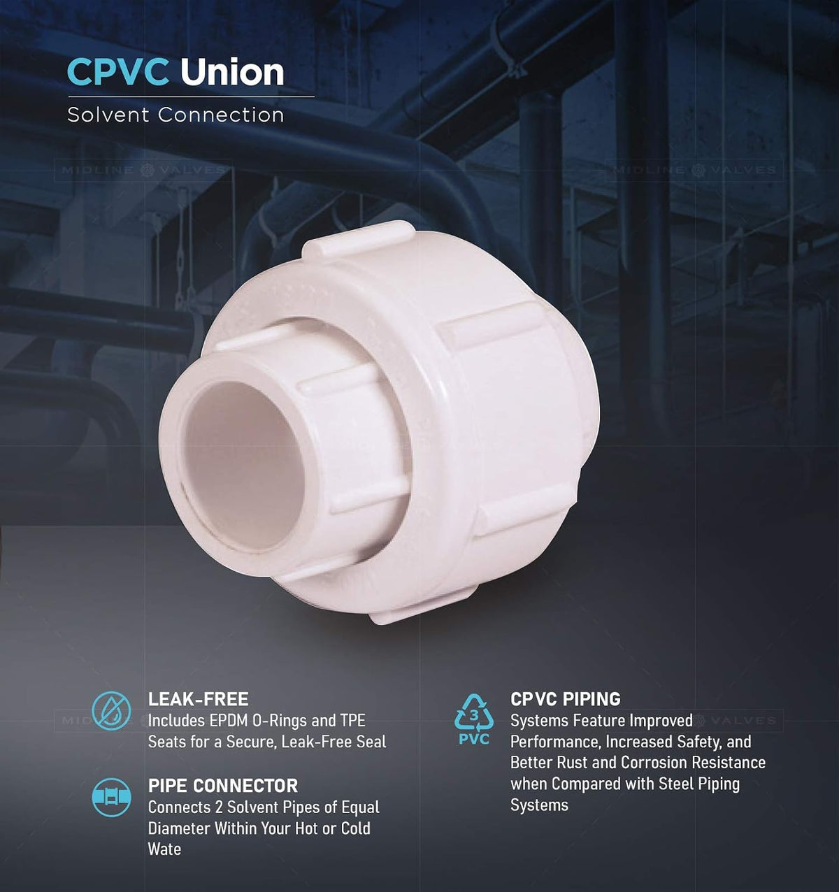 Midline Valve 577T12 CPVC Union Coupling Pipe Fitting 1/2'' Solvent Connections Plastic, Tan, Bone Color