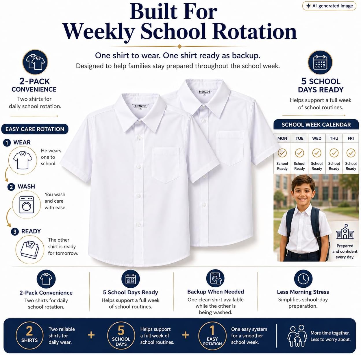 Formal Boys Dress Shirt: Cotton School Uniform 2 Pack White Size 5 | Button Down Short Sleeve Tops - Chest Pocket