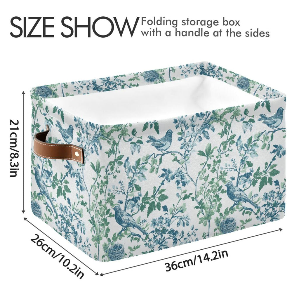 Chinoiserie Flower Bird Canvas Basket Storage Bin with PU Handle