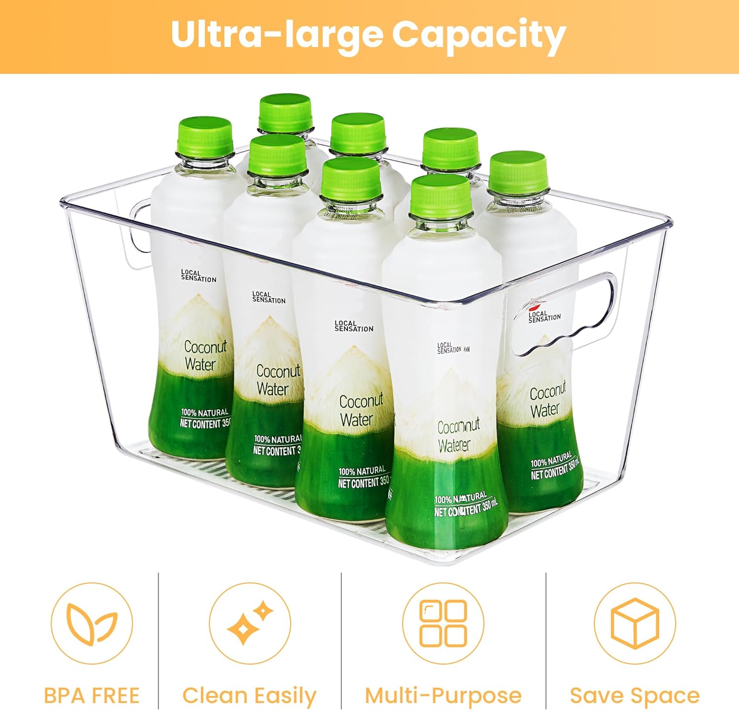 6 Pack Clear Pantry Organizer Bins, Plastic Containers with Handle for Kitchen,Freezer,Cabinet,Closet,Bathroom Under