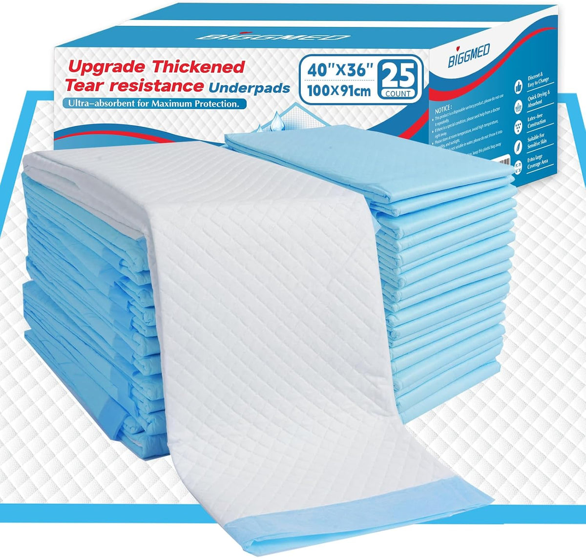 Tear-Resistant Incontinence Bed Pads 40'' x 36'' 130 Gram Heavy Duty (25 Count) Disposable Underpads Chucks Pads for