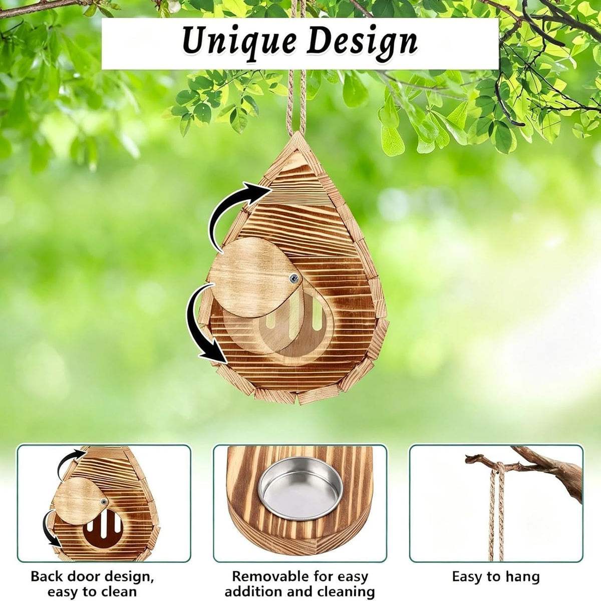 Water Droplets Shaped Wooden Butterfly House, Wooden Hanging Butterfly Habitat & Feeder with Rope & Puddler, Hanging