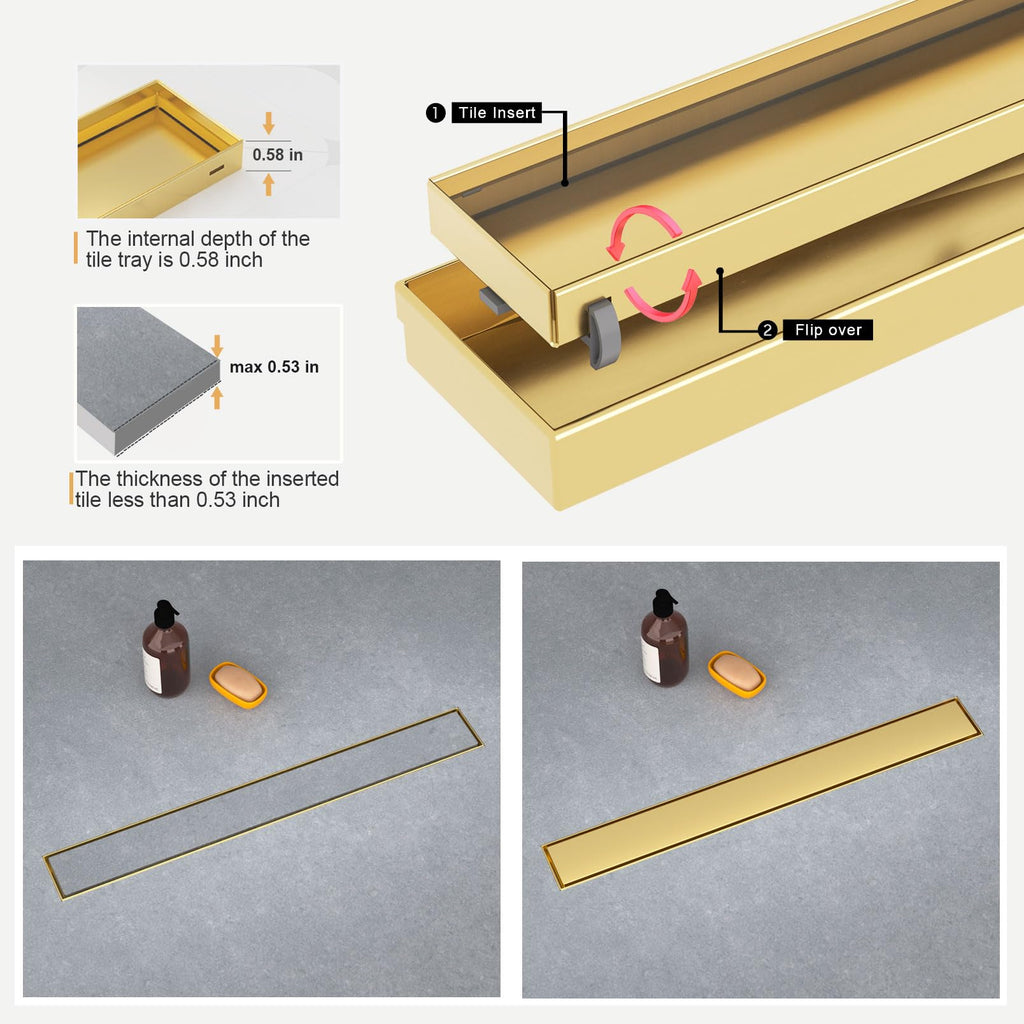 18 Inch Linear Shower Drain, with Tile Insert Grate (Brushed Gold)