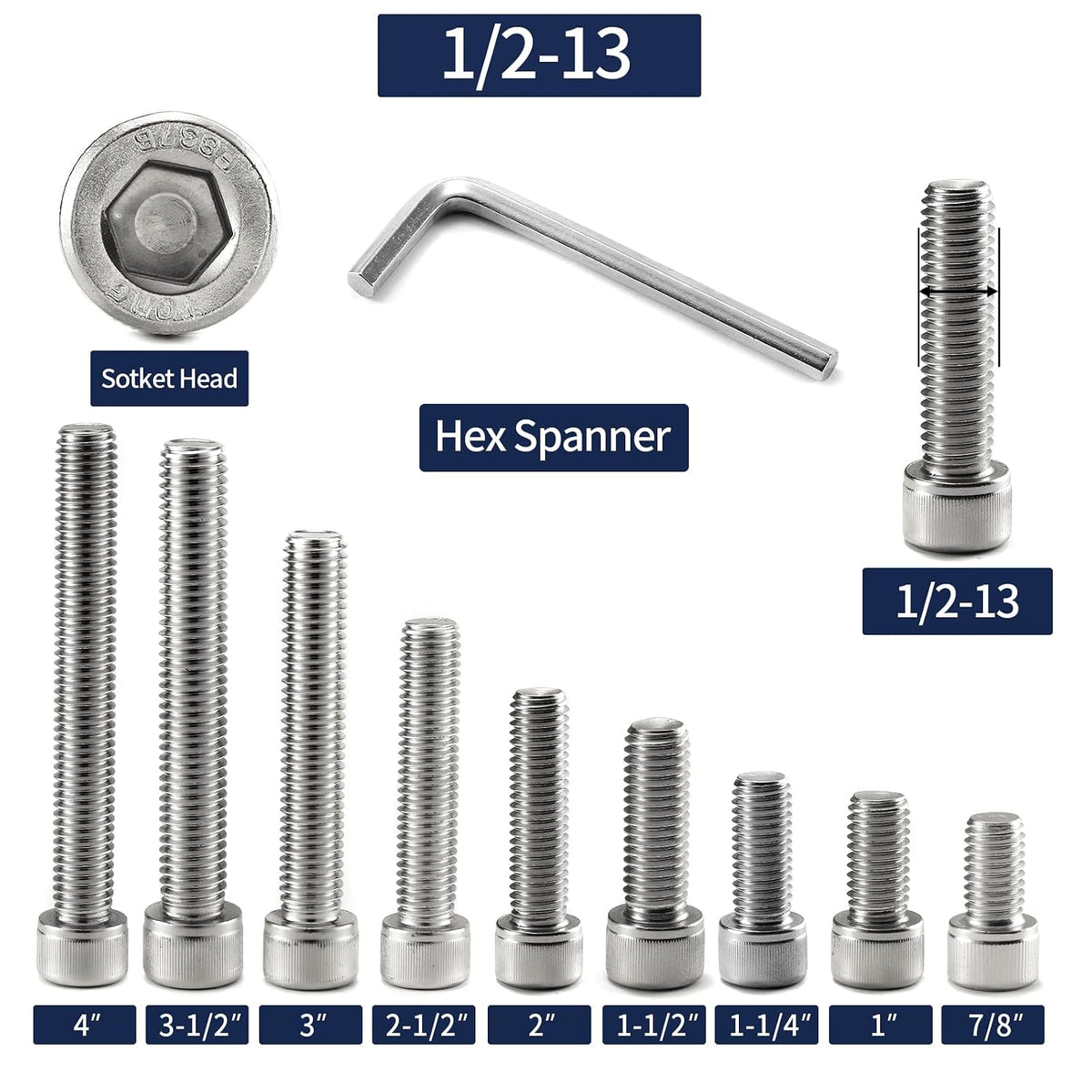1/2-13 x 1-1/2" Socket Head Cap Screws Bolts, 10Pcs 304 Stainless Steel 18-8, Allen Socket Hex Drive, Full Thread, Bright Finish by SG TZH(with Hex Spanner)