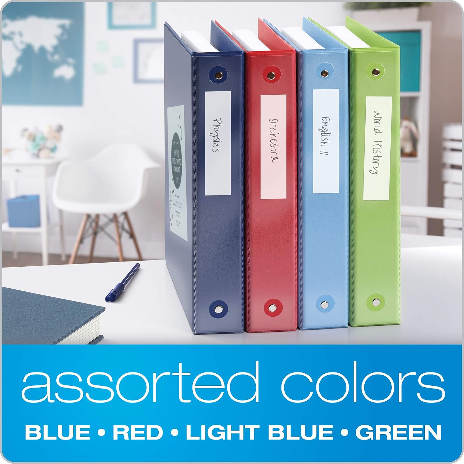 3 Ring Binders, Round Rings, Holds 350 Sheets, ClearVue Presentation View, Non-Stick, Assorted Colors (79550), 1.5