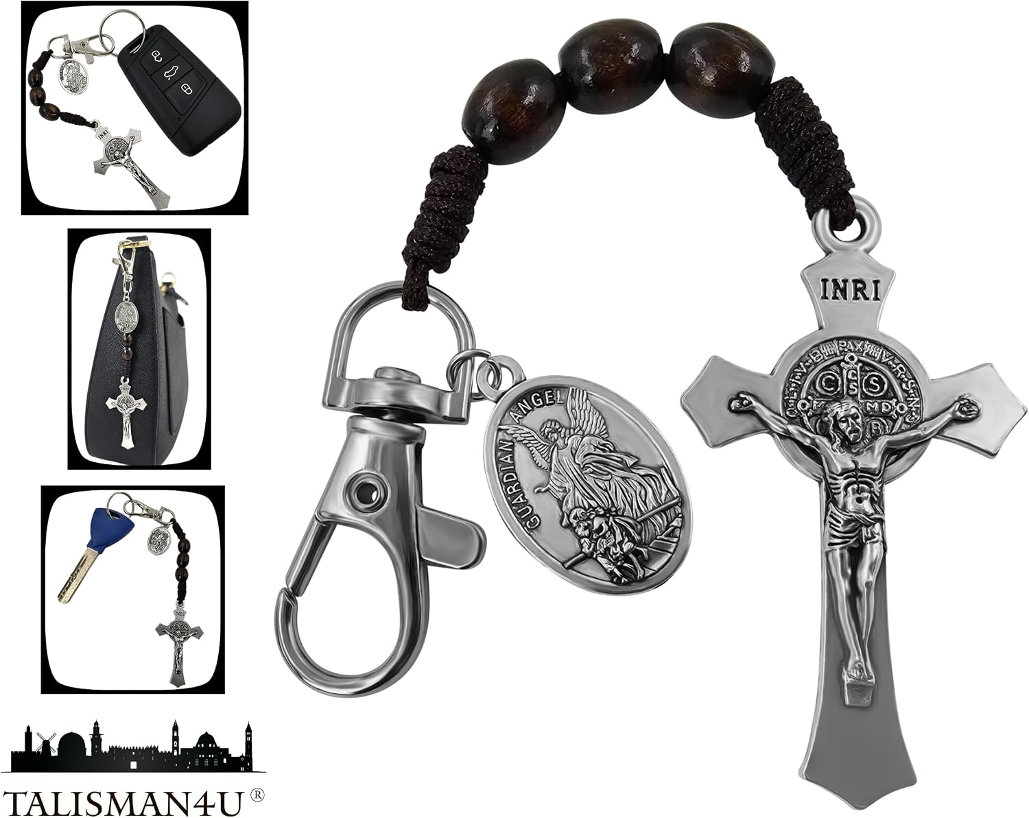 Catholic Rosary Keychain for Car St Benedict Cross Saint Michael