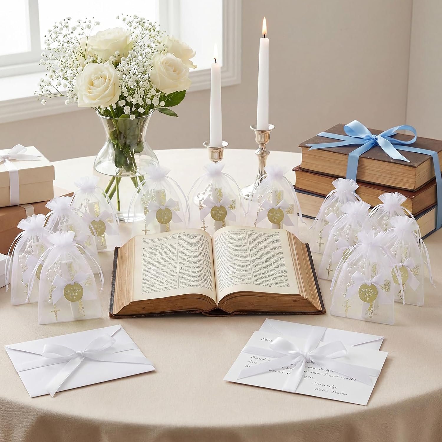 36 Pcs Baptism Favors Set, 12 Resin Cross Fridge Magnets with Bow Tied Cards, 12 Acrylic Baptism Rosary Beads with