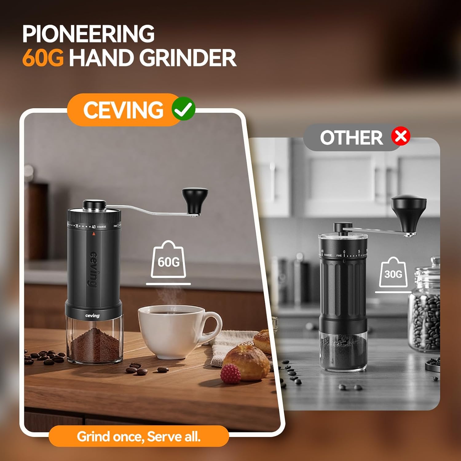 World's First 60g Large Capacity Manual Coffee Grinder, Gray | 40 External Settings, Portable Hand Coffee Bean Mill