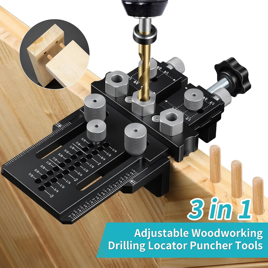 Dowel Jig Kit for Perfect Wood Joints, Self Centering Doweling Jig with 1/4 3/8 1/2 Drill Bushings & Bits