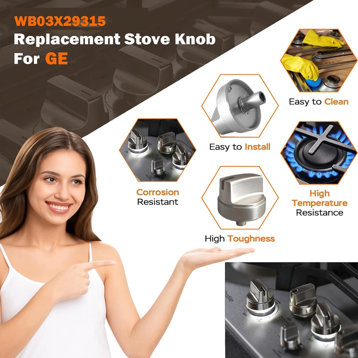 Upgraded (5Pcs) WB03X29315 for GE Gas Stove Knobs Replacements JGP5030SL1SS/ JGP5036SL1SS/ JP3030DJ3BB/ JP3036DL2BB / JP3530DJ3BB, Oven Range Burner Cooktop Control Knobs Replace Part