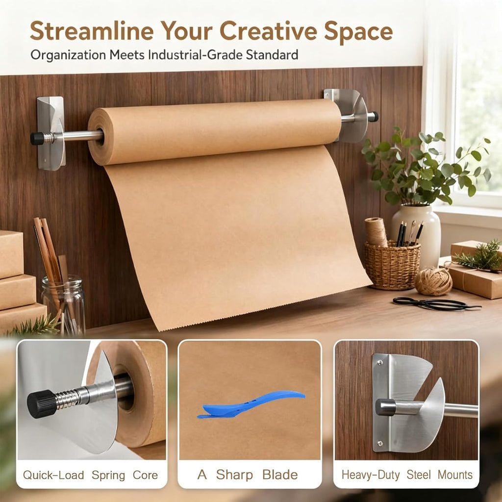 Wrapping Paper wall Mount, Kraft Paper roll Dispenser, Vinyl roll Holder
