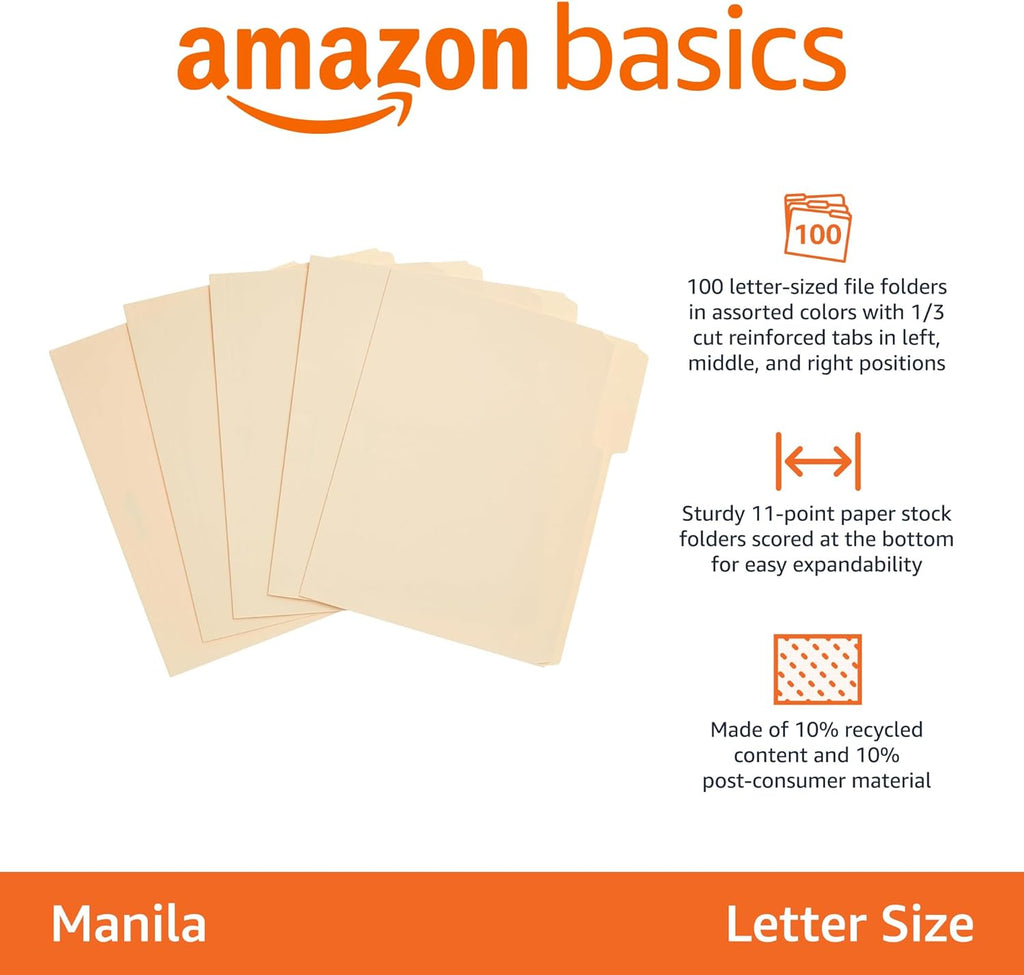 Sturdy File Folders with Reinforced Tabs for Filing and Organization, 1/3-Cut Tab, Assorted Positions, Letter Size