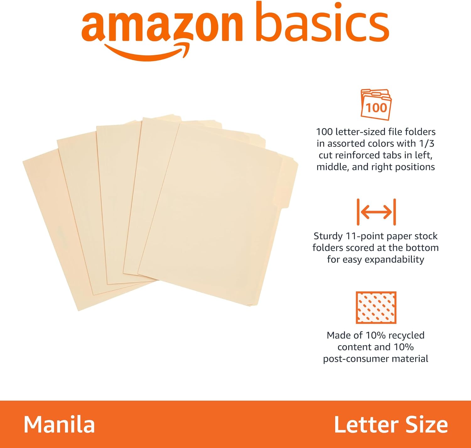 Sturdy File Folders with Reinforced Tabs for Filing and Organization, 1/3-Cut Tab, Assorted Positions, Letter Size
