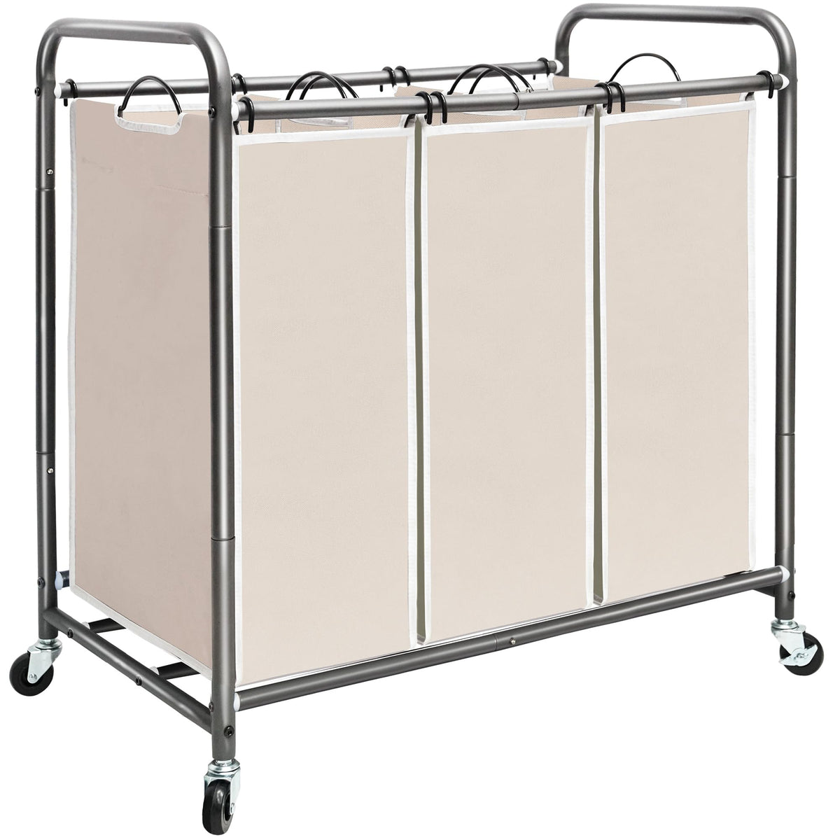 3 Section Laundry Sorter, Laundry Hamper with Wheels, Beige