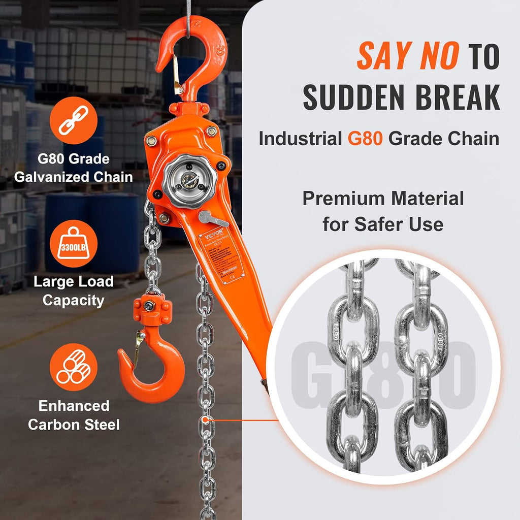Manual Lever Chain Hoist, 1-1/2 Ton 3300 lbs Capacity 10 FT Come Along, G80 Galvanized Carbon Steel with Weston