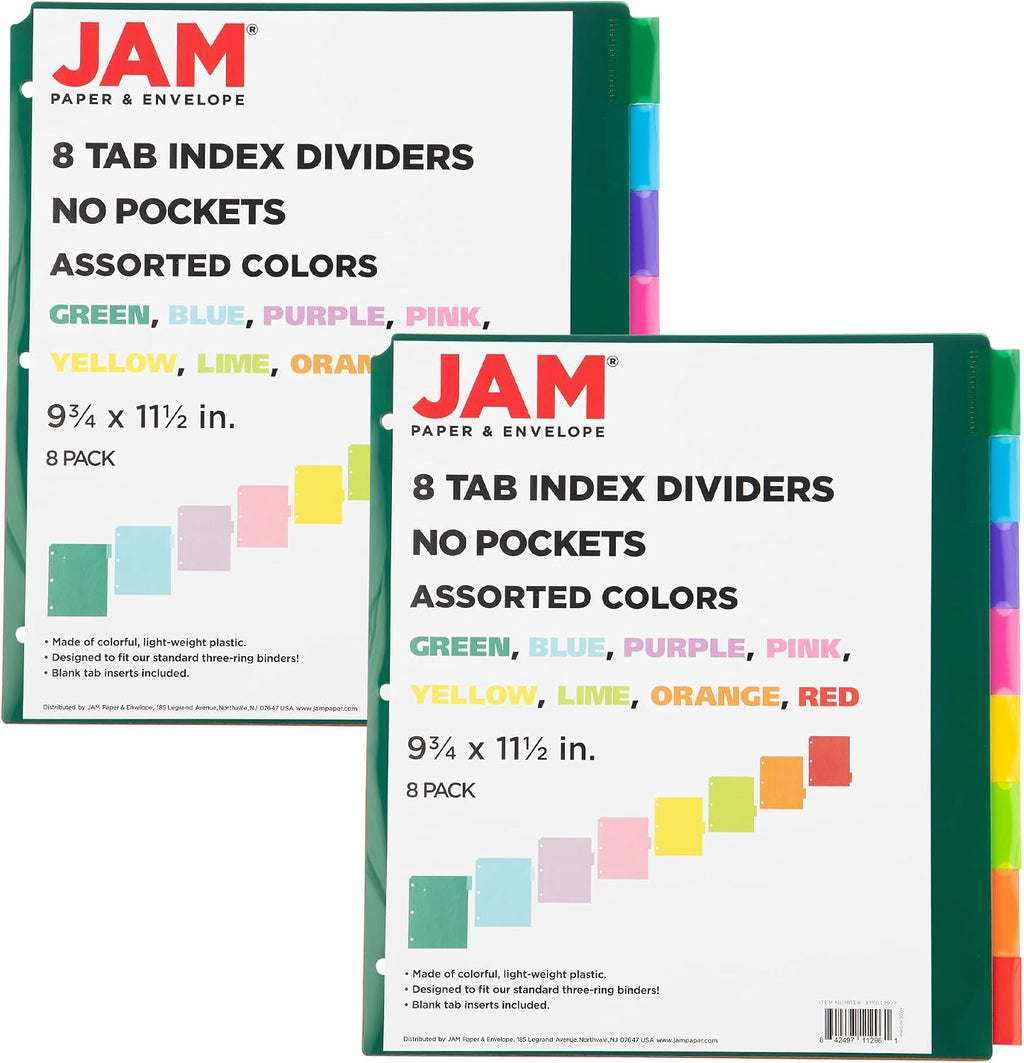 Plastic Index Tab Dividers - 8-Tab - 9 3/4 x 11 1/2 - Multicolor - 2 Sets of 8 Tabs/Pack