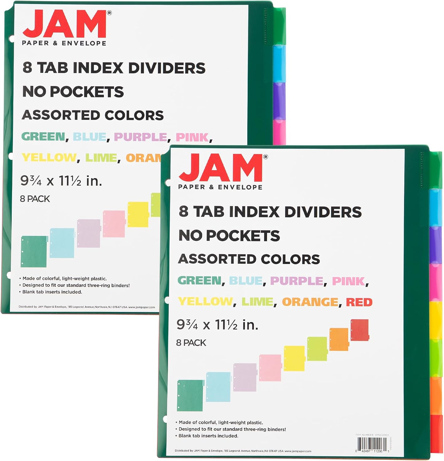 Plastic Index Tab Dividers - 8-Tab - 9 3/4 x 11 1/2 - Multicolor - 2 Sets of 8 Tabs/Pack