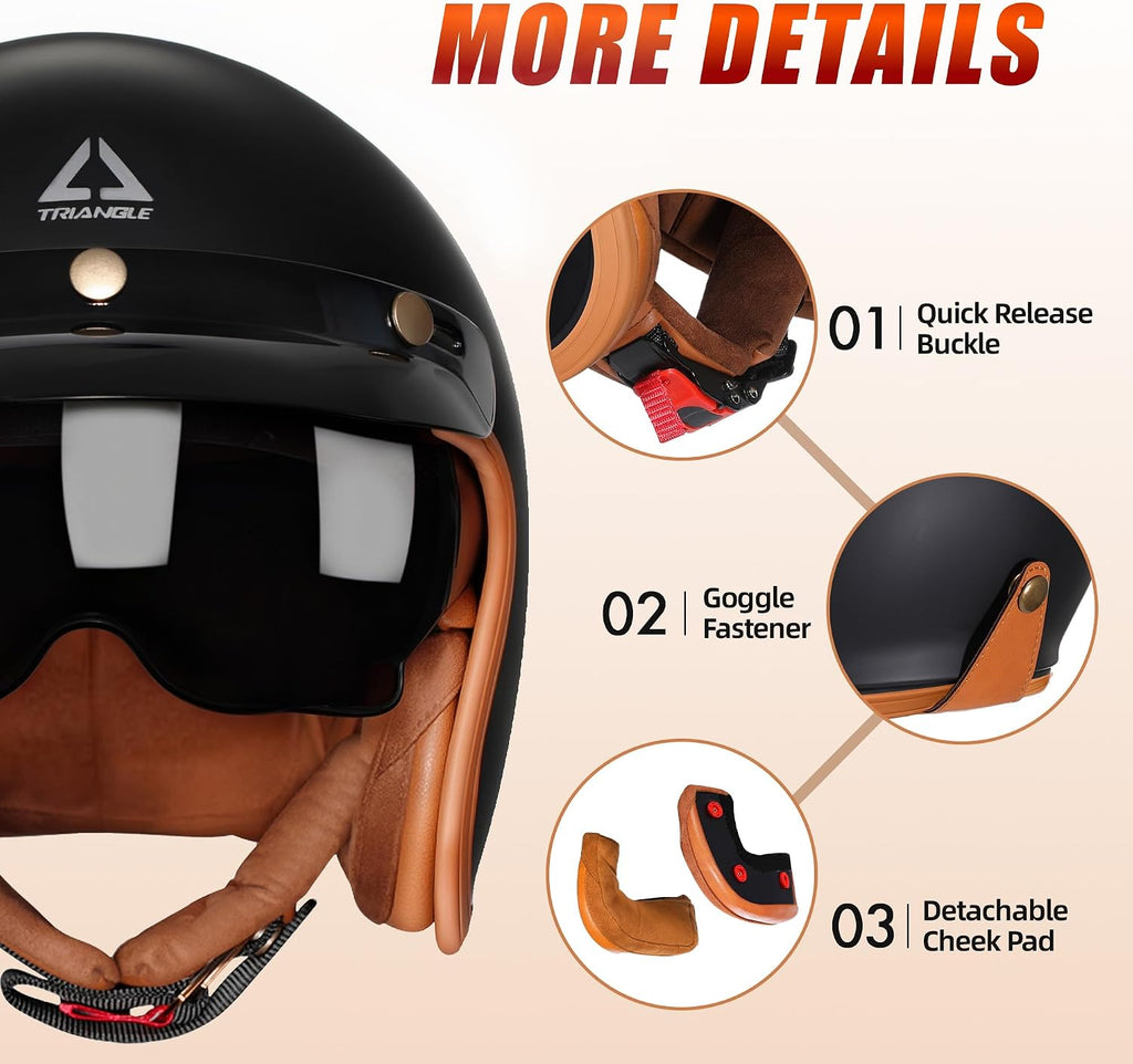 3/4 Open Face Motorcycle Helmet DOT Approved Retro Cruiser Moped | Classic Half Motorcycle Helmets With Sun Visor &