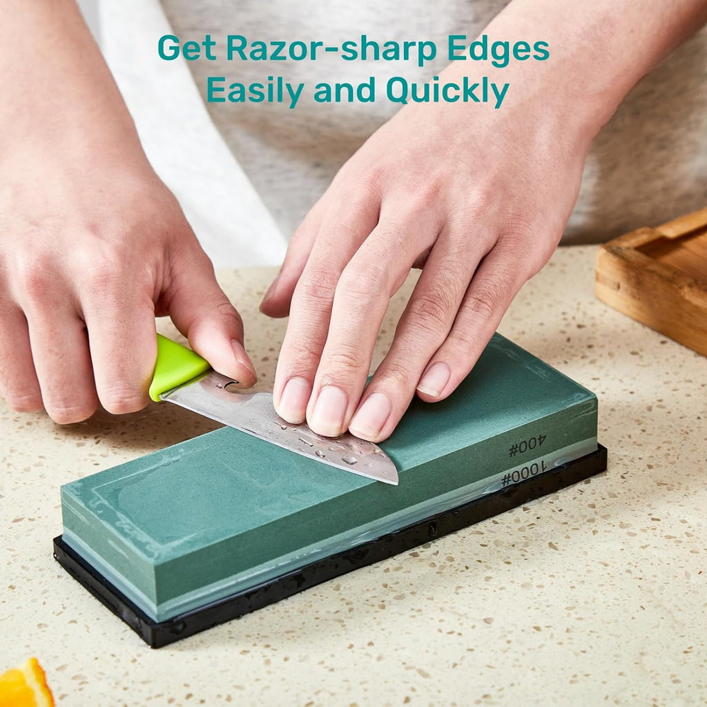 Knife Sharpening Stone with Non-slip Rubber Base, 400/1000 Grit Premium Whetstone, Double-Sided Knife Sharpener for