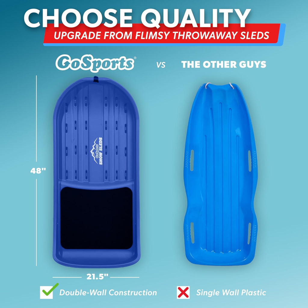2 Person Premium Snow Sled - Choose Red or Blue - Double Walled Construction, Pull Strap and Padded Seat