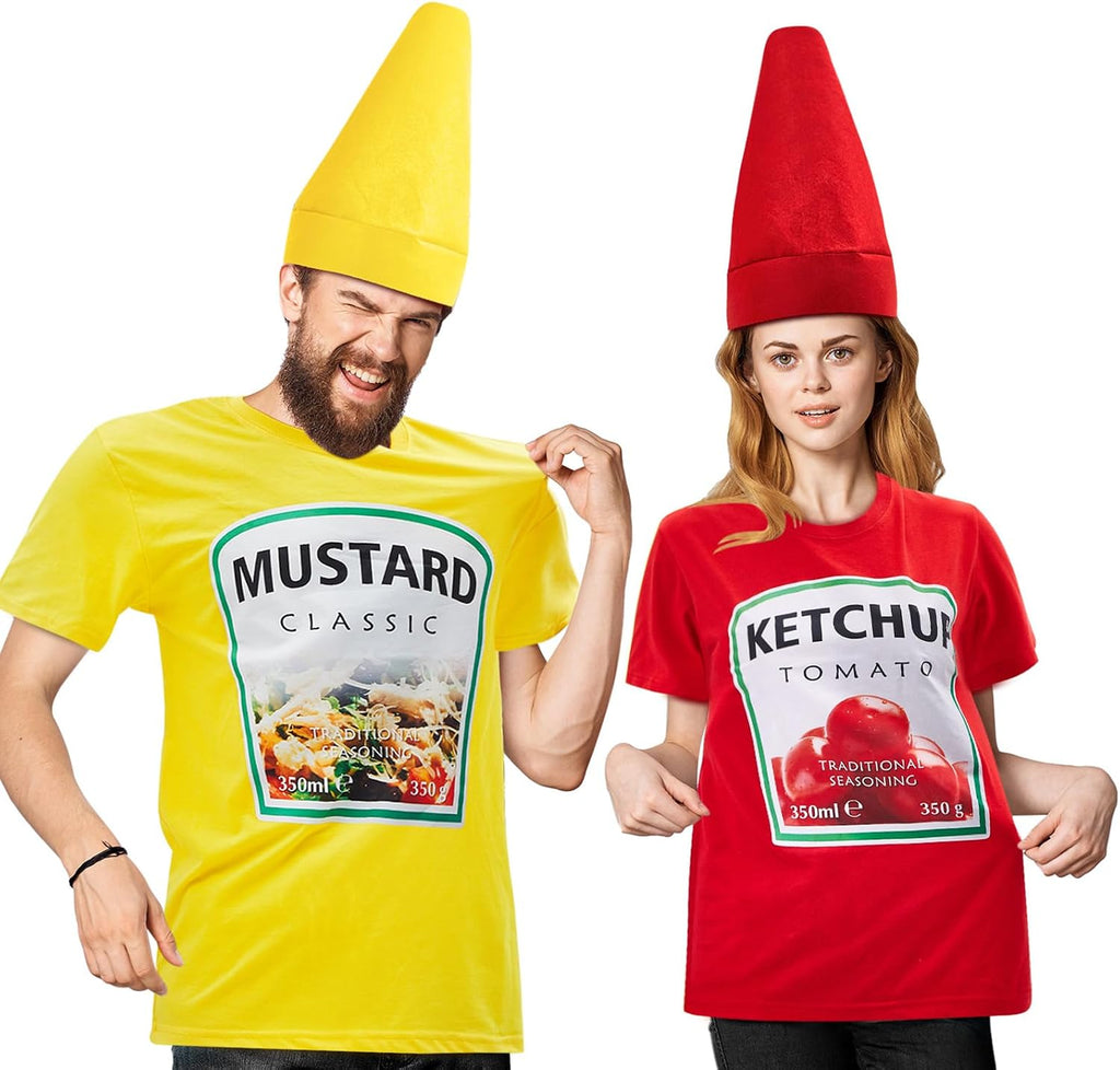 Halloween Yellow Mustard Red Ketchup Costume Matching Group T-shirt and Hat Halloween Couple Costume