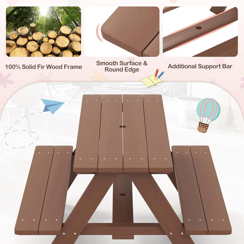 Kids Picnic Table, Toddler Outdoor Table & Bench Set, Wooden Children Patio Furniture with Folding Umbrella, Kids