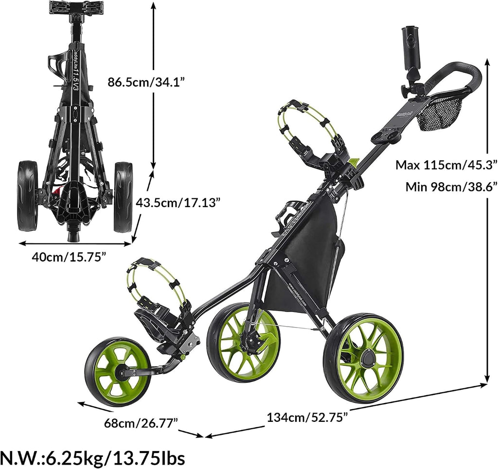 CaddyLite 11.5 V3 Golf Push Cart - Lightweight Aluminum 3-Wheel Foldable Golf Bag Cart with Quad-Fold Frame, EVA