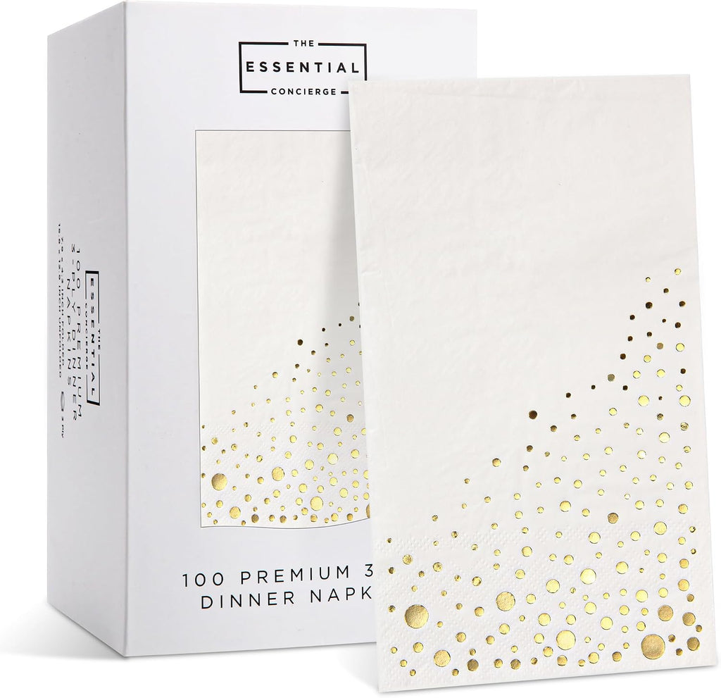 Gold Dinner Napkins, 100 White and Gold Napkins for Wedding